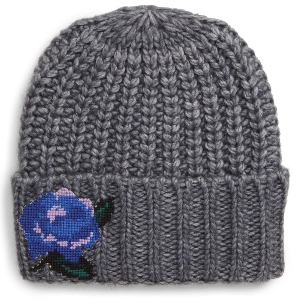 FREE PEOPLE Wool Blend Knit Hat with Embroidered Rose Detail - New With Tags